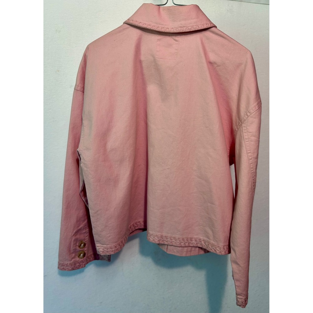 LC Lauren Conrad Pink Denim Chore‎ Jacket Embroidered Utility Crop Coat XS - Picture 2 of 8